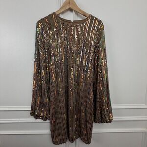 Chrysanthemum Rainbow Sequin Mini Dress Long Balloon Sleeve Tan Brown Large